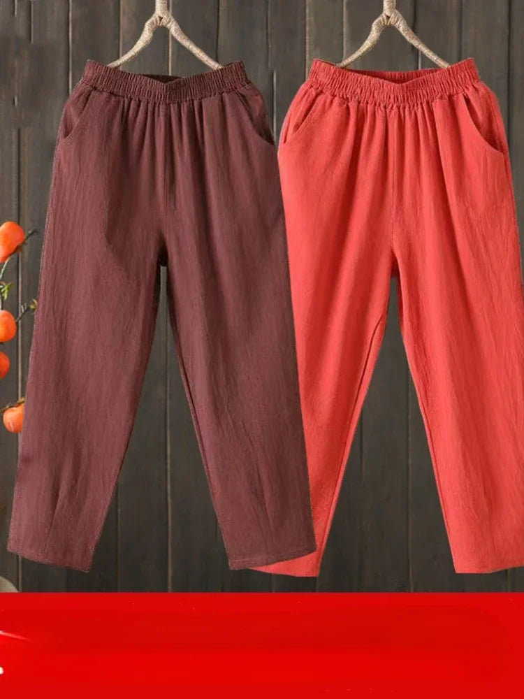 Woman Pants Casual Cotton Linen  LOOSE Solid Ankle-Length Pants Elastic Waist
