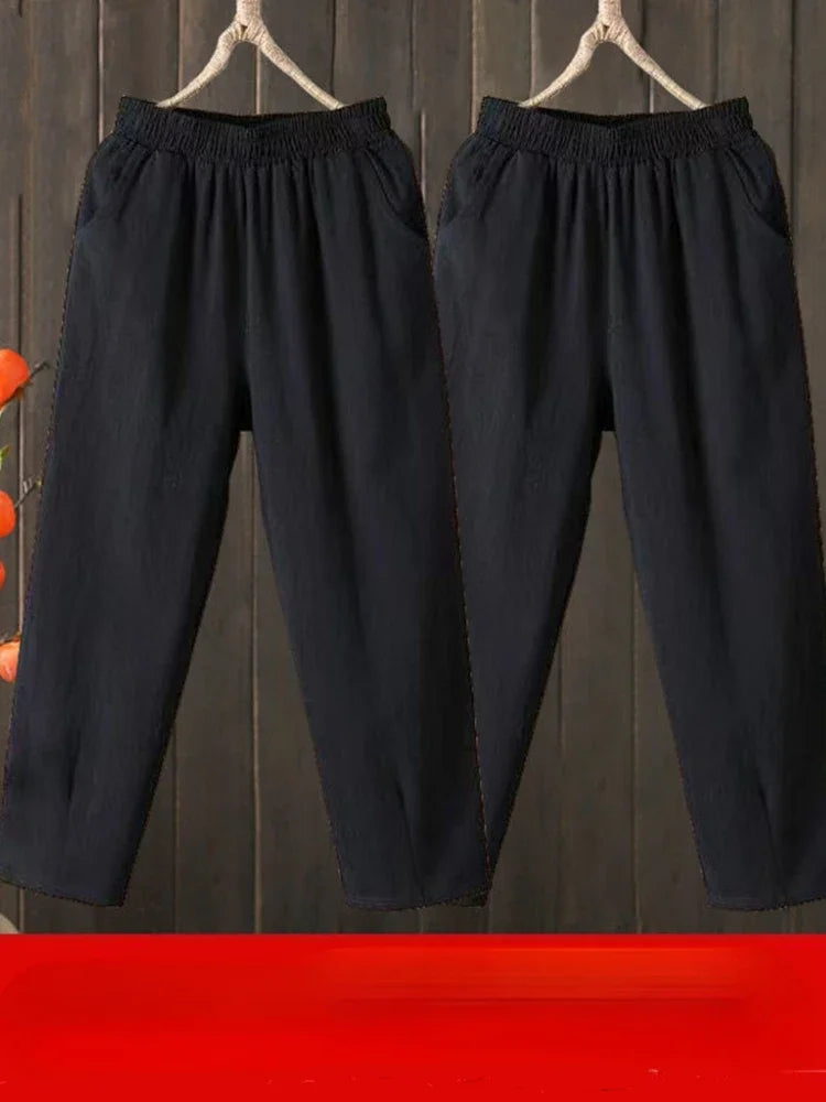 Woman Pants Casual Cotton Linen  LOOSE Solid Ankle-Length Pants Elastic Waist