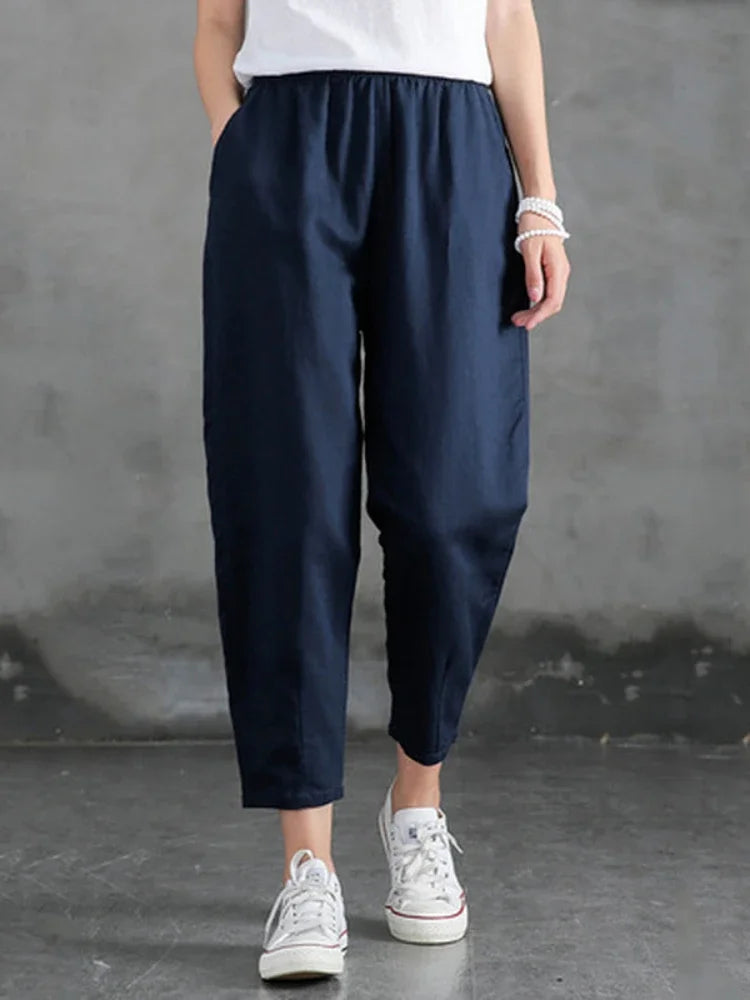 Woman Pants Casual Cotton Linen  LOOSE Solid Ankle-Length Pants Elastic Waist