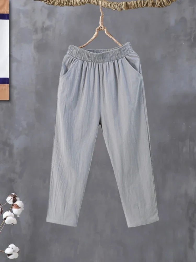 Woman Pants Casual Cotton Linen  LOOSE Solid Ankle-Length Pants Elastic Waist