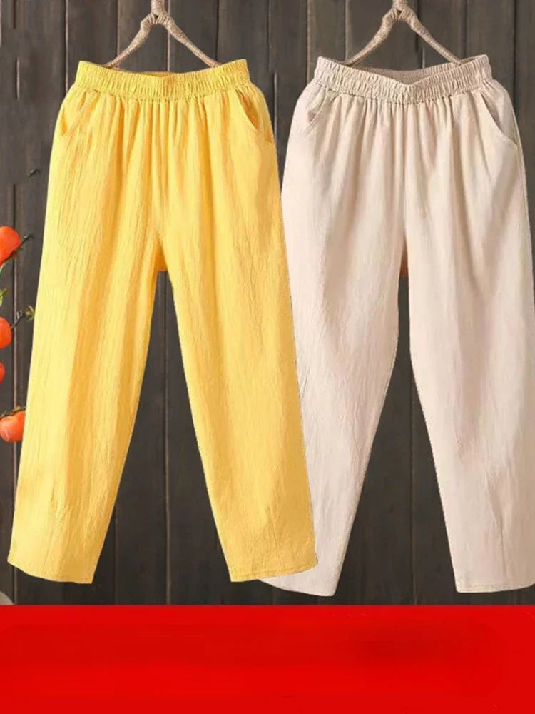 Woman Pants Casual Cotton Linen  LOOSE Solid Ankle-Length Pants Elastic Waist