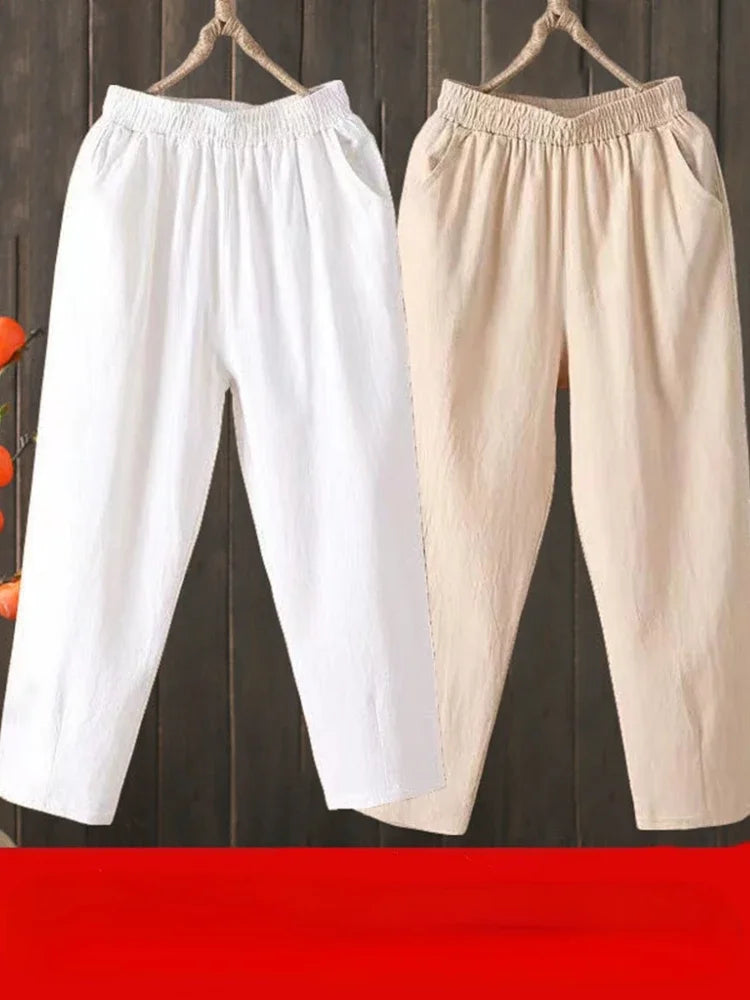 Woman Pants Casual Cotton Linen  LOOSE Solid Ankle-Length Pants Elastic Waist