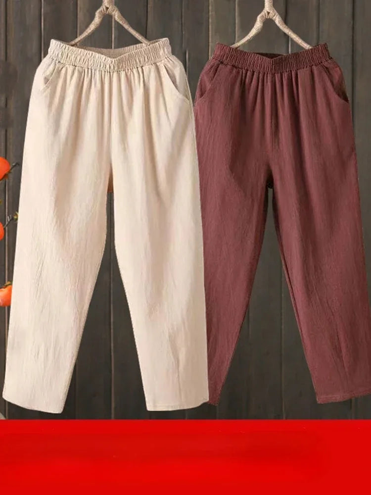 Woman Pants Casual Cotton Linen  LOOSE Solid Ankle-Length Pants Elastic Waist