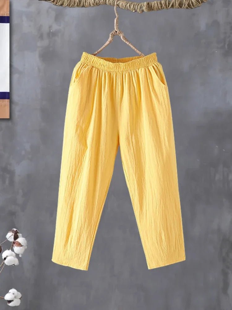 Woman Pants Casual Cotton Linen  LOOSE Solid Ankle-Length Pants Elastic Waist