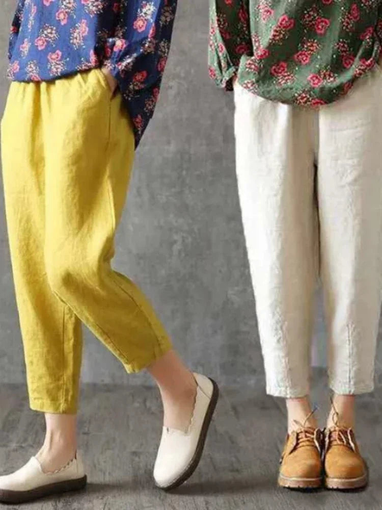 Woman Pants Casual Cotton Linen  LOOSE Solid Ankle-Length Pants Elastic Waist