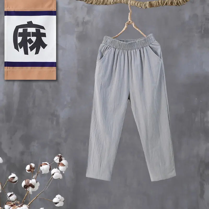 Woman Pants Casual Cotton Linen  LOOSE Solid Ankle-Length Pants Elastic Waist