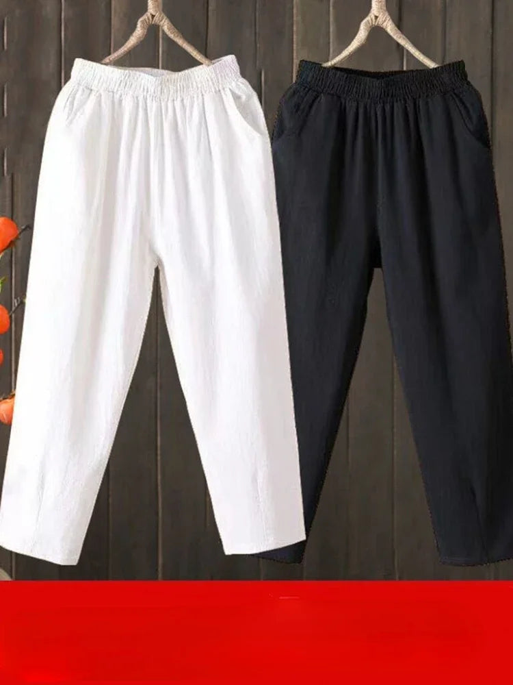 Woman Pants Casual Cotton Linen  LOOSE Solid Ankle-Length Pants Elastic Waist