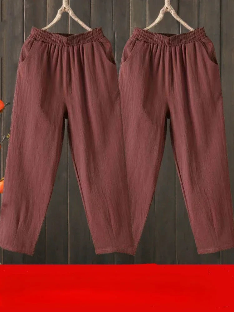 Woman Pants Casual Cotton Linen  LOOSE Solid Ankle-Length Pants Elastic Waist