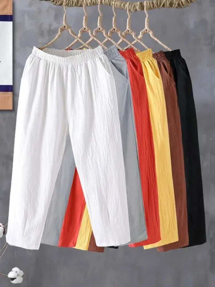 Woman Pants Casual Cotton Linen  LOOSE Solid Ankle-Length Pants Elastic Waist