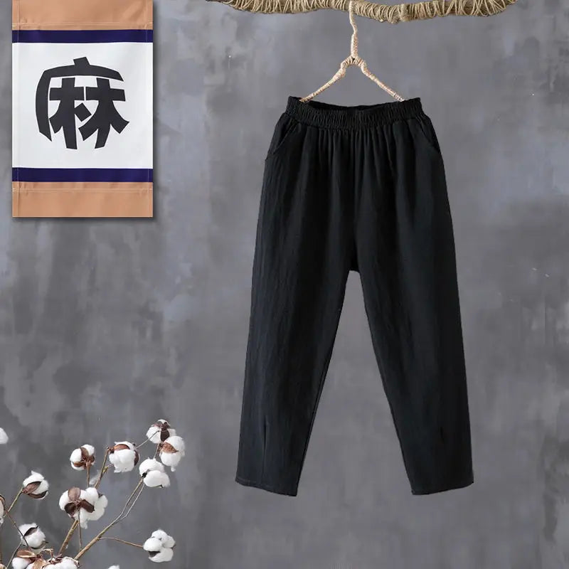 Woman Pants Casual Cotton Linen  LOOSE Solid Ankle-Length Pants Elastic Waist