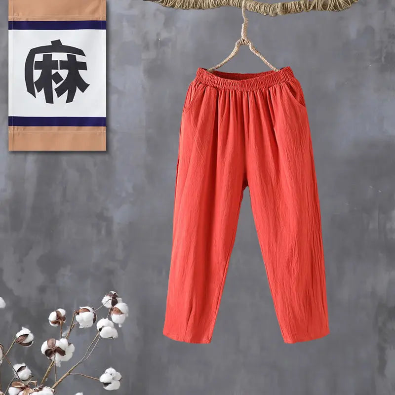 Woman Pants Casual Cotton Linen  LOOSE Solid Ankle-Length Pants Elastic Waist