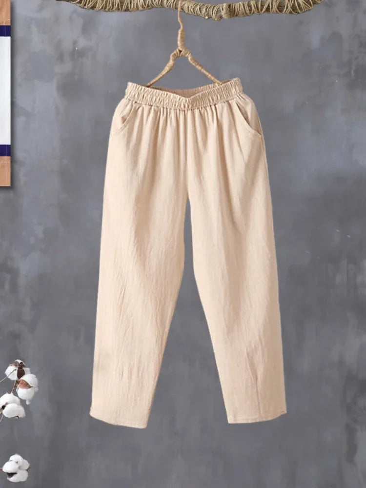 Woman Pants Casual Cotton Linen  LOOSE Solid Ankle-Length Pants Elastic Waist