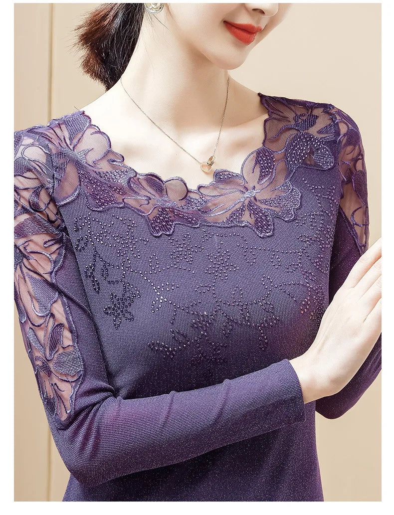Women T-Shirt 2024 New Lace Hollow Embroidery Mesh Tops