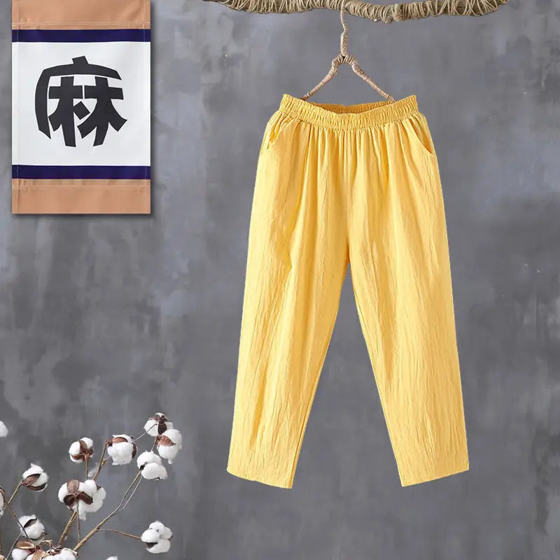Woman Pants Casual Cotton Linen  LOOSE Solid Ankle-Length Pants Elastic Waist